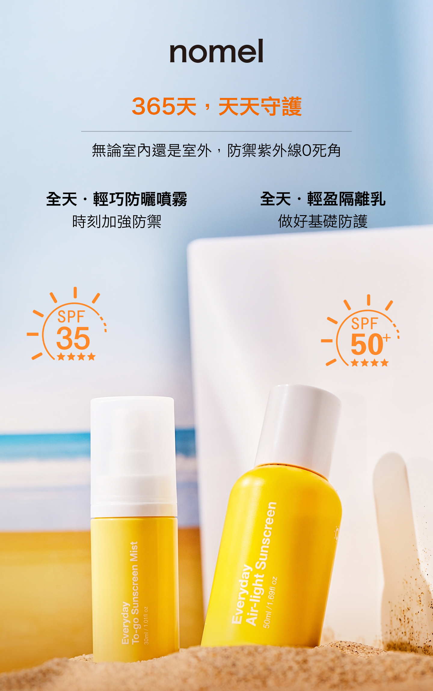 nomel 防曬雙重奏組合主視覺，全天・輕盈隔離乳與全天．輕巧防曬噴霧雙重防護主要功效
