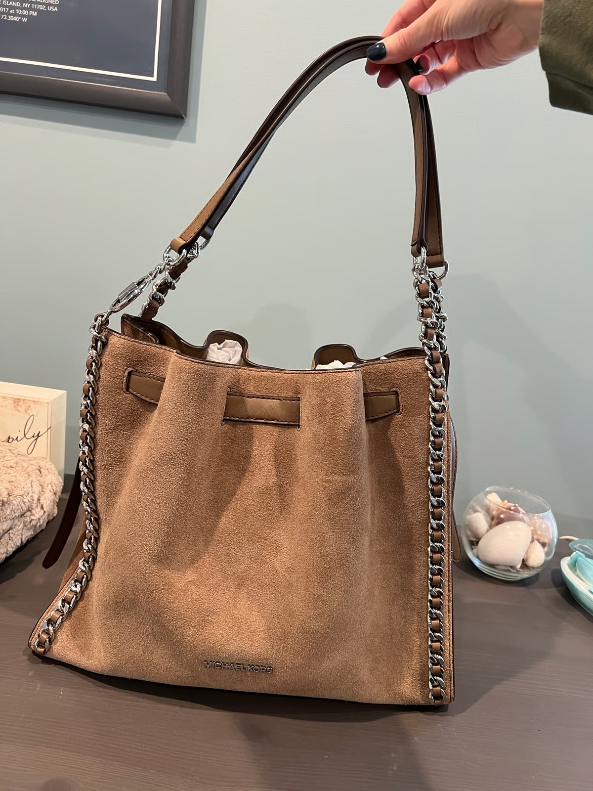 【預購】Michael Kors N100756 Mina 大號麂皮鏈條單肩包 (啡色)