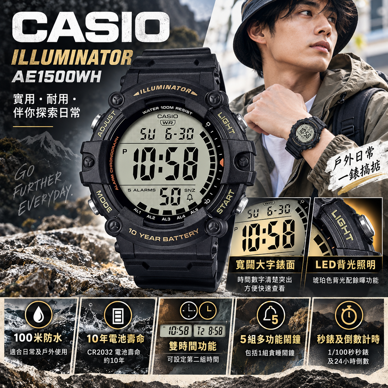 【預購】CASIO N1007205 Illuminator AE1500WH 電子腕錶
