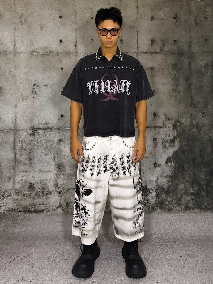 VILLAIN Studded Boxy Washed Polo Shirt