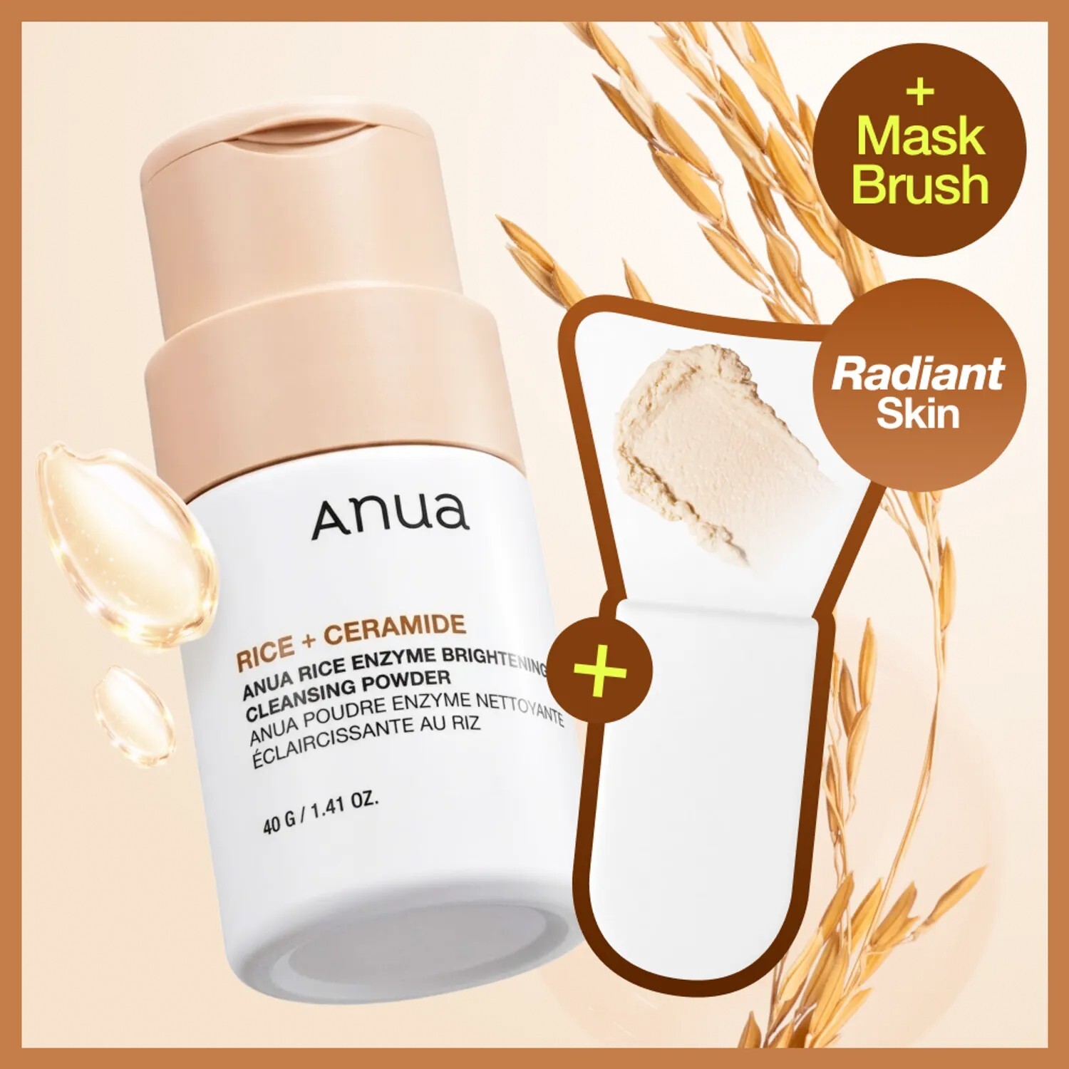 Anua RICE+CERAMIDE Rice Enzyme Brightening Cleansing Powder 40g (+Mask Brush)