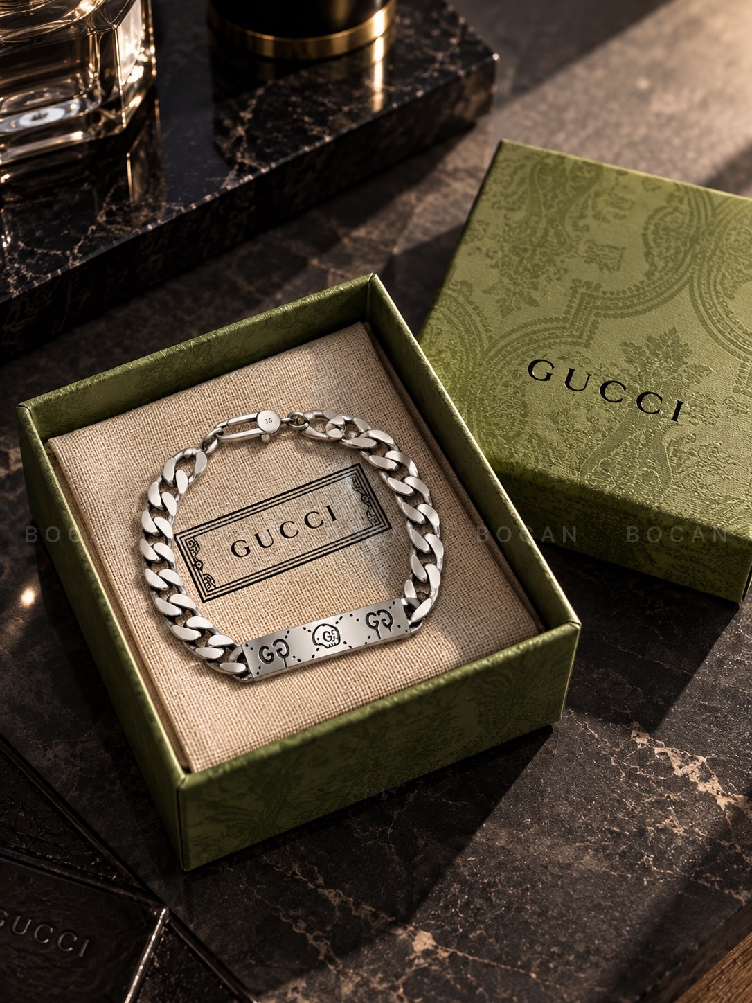 GUCCI GHOST 骷髏 古巴鏈 亮面 做舊 925銀 手鍊 男女同款 銀色