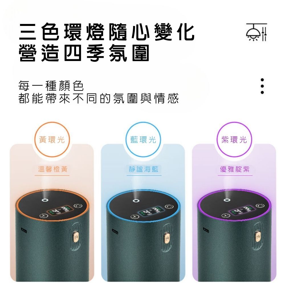 霧璃冷香儀三色環形氛圍燈,提供黃光、藍光與紫光三種燈光模式