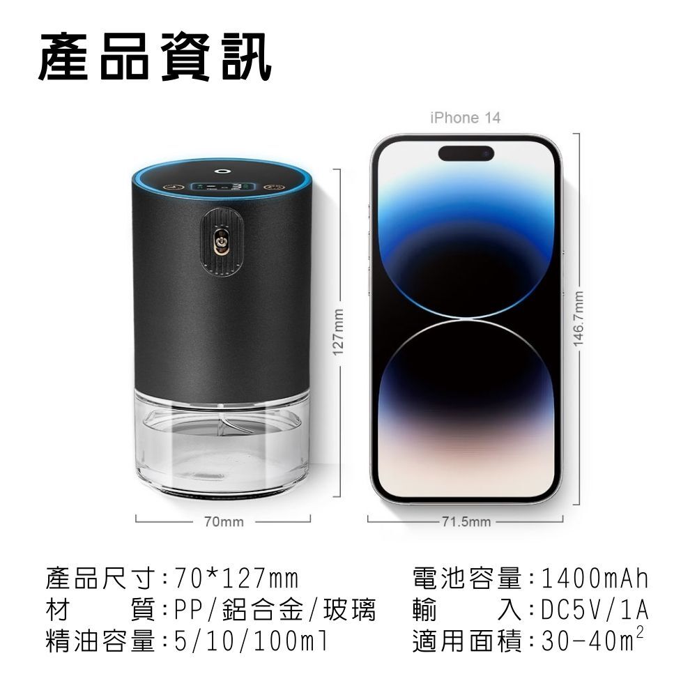 Les nez 霧璃冷香儀規格,尺寸70×127mm、1400mAh電池、DC5V 1A輸入、適用約30至40平方公尺