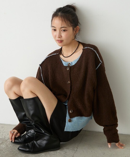 日本 forksy.混色 拉絨 假2件 短版 針織 開襟衫 5色