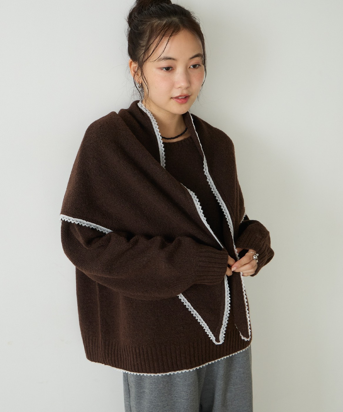 日本 Forksy 蕾絲 寬鬆 針織 圍巾 兩件套 針織衫 六色