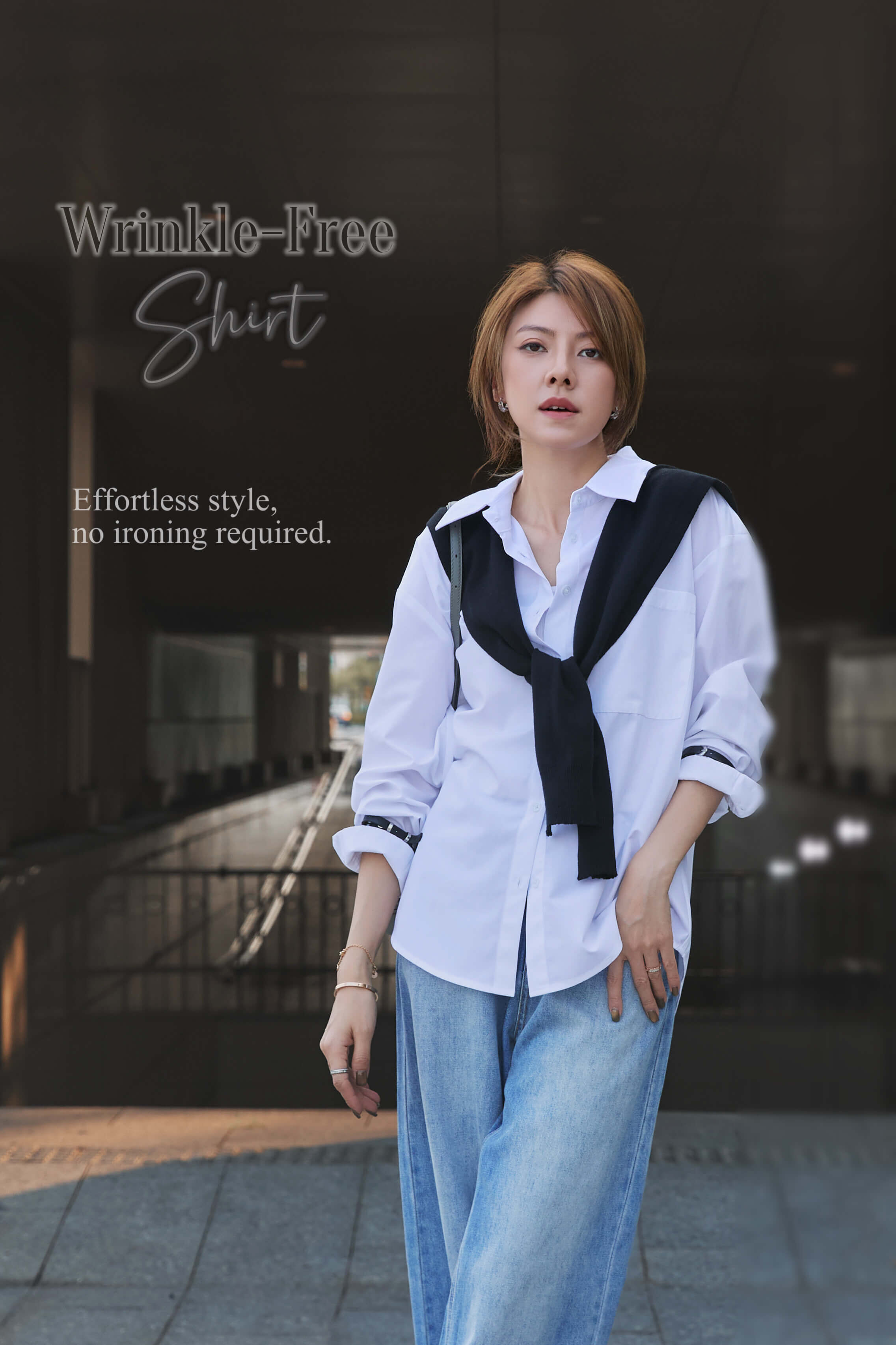 Leather Watch Strap Wrinkle-Free Long Shirt_SH2610L01