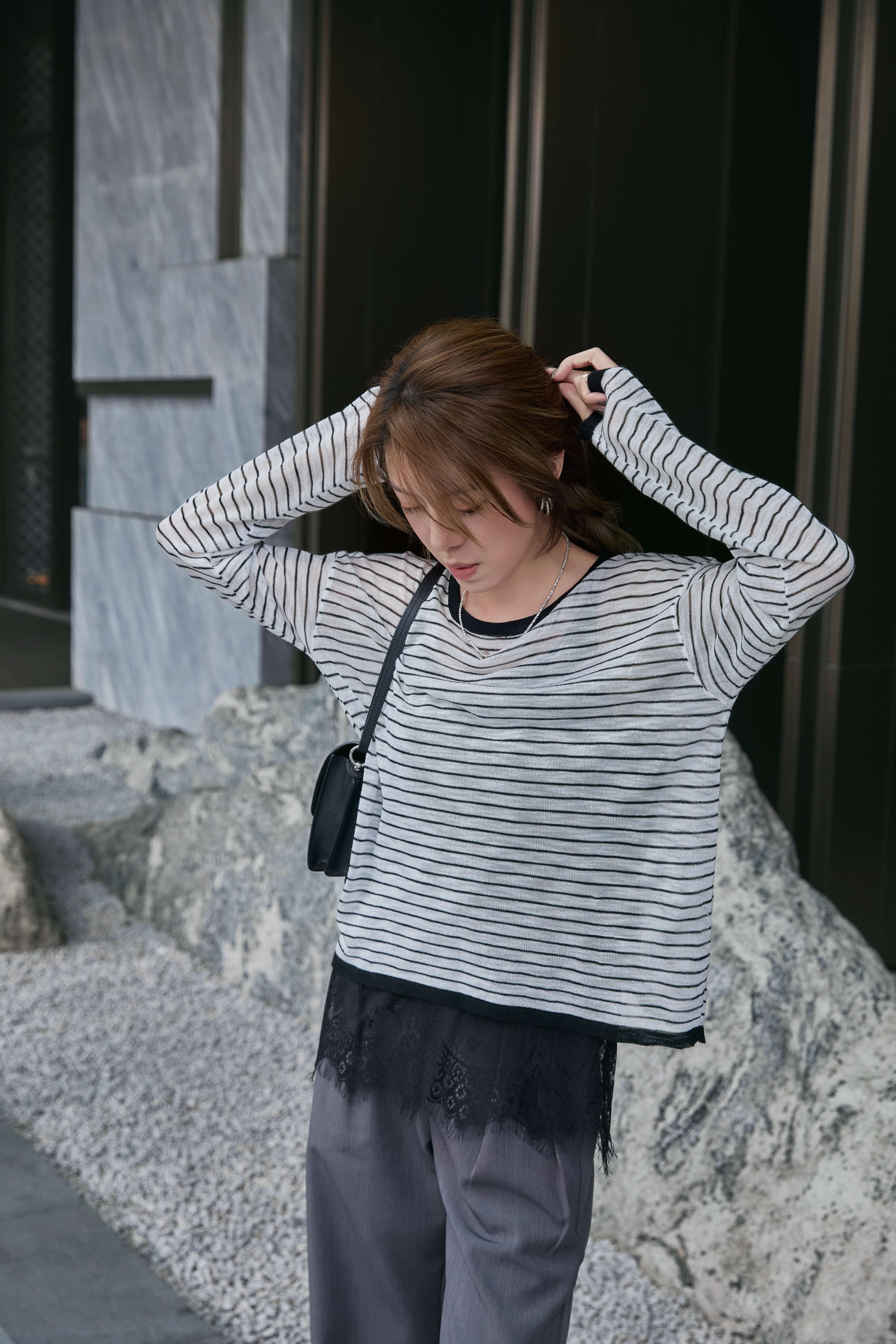 Oversized Striped Mesh Knit Top_KN264L07B