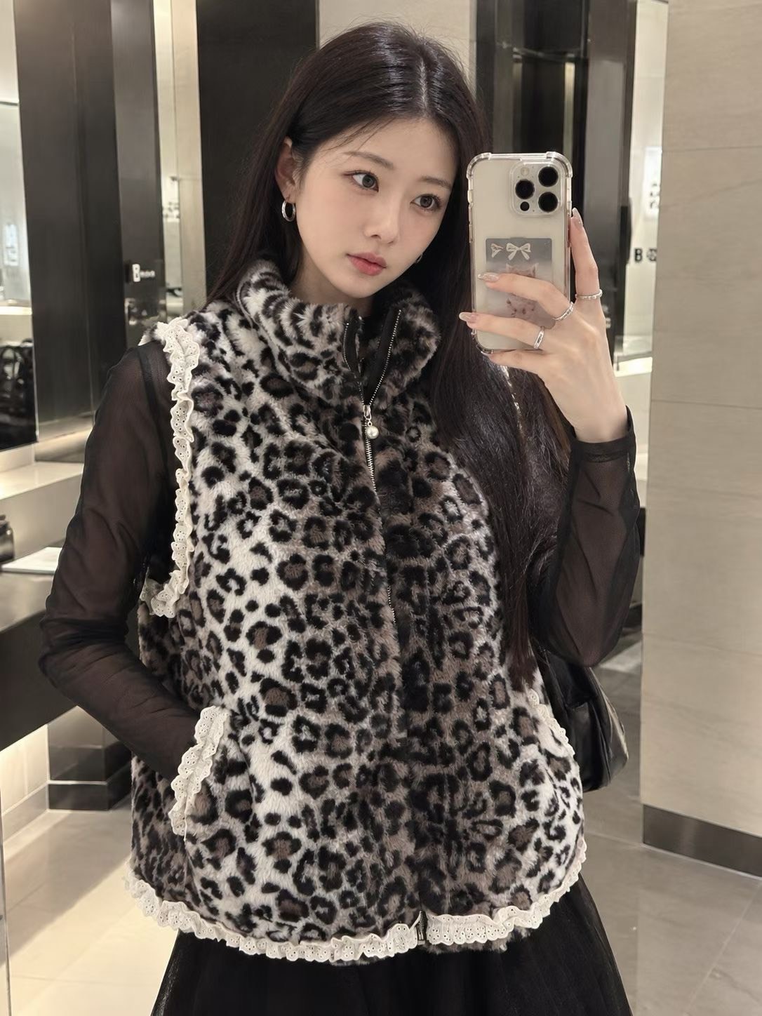 豹紋毛毛拉鍊馬甲外套