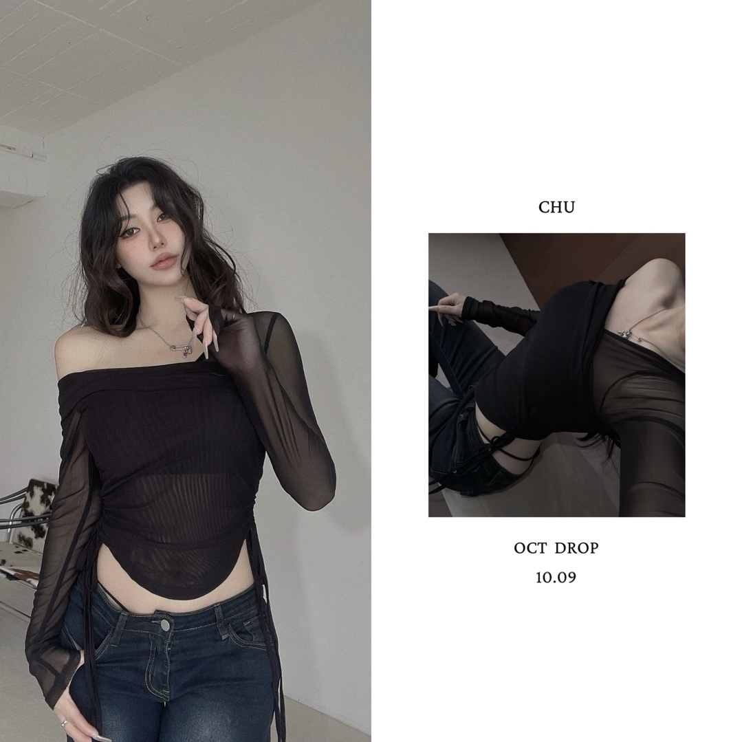 SELECT｜自帶胸墊，網紗斜肩上衣（上身巨瘦!）(10.09 Drop)