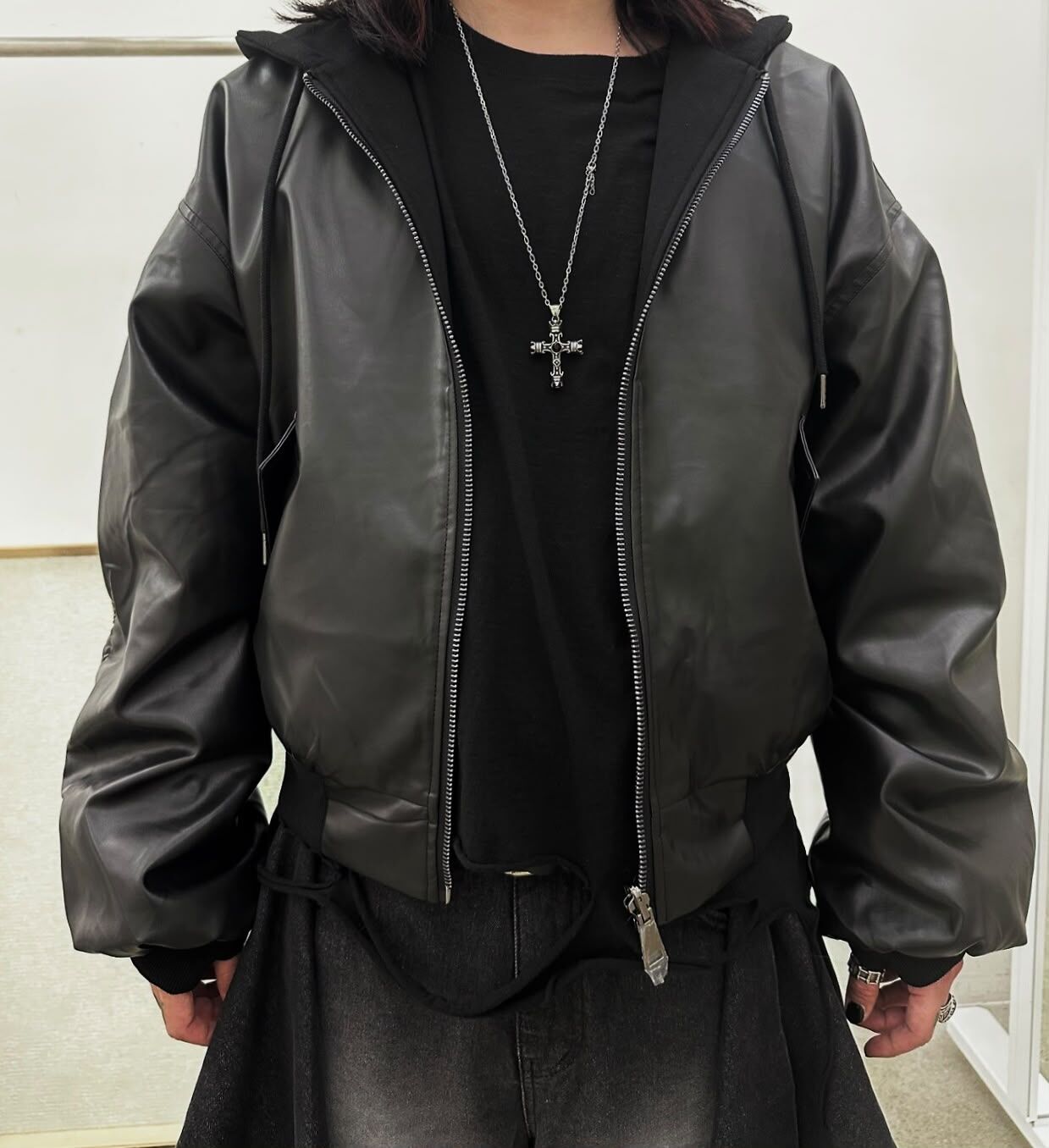 雙面連帽拉鍊合成皮褸  GLAMOUR-206JK