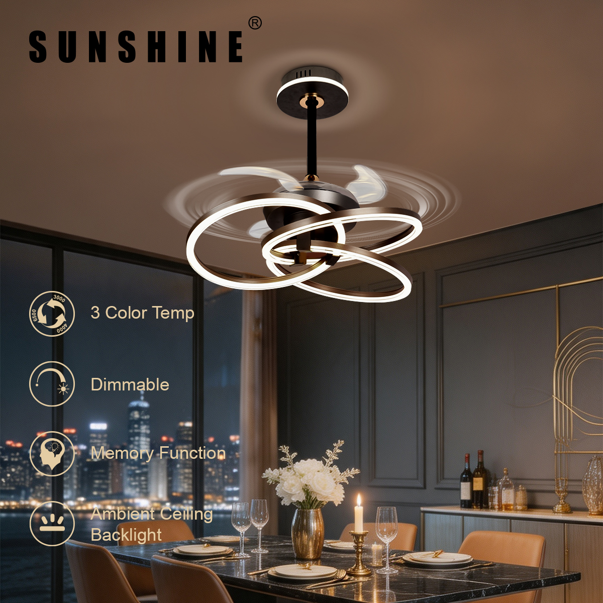 Black Tri-Ring LED Ceiling Fan Light, 100W with Tunable White (3000K-6500K) & High Lumen Output (CFEB)