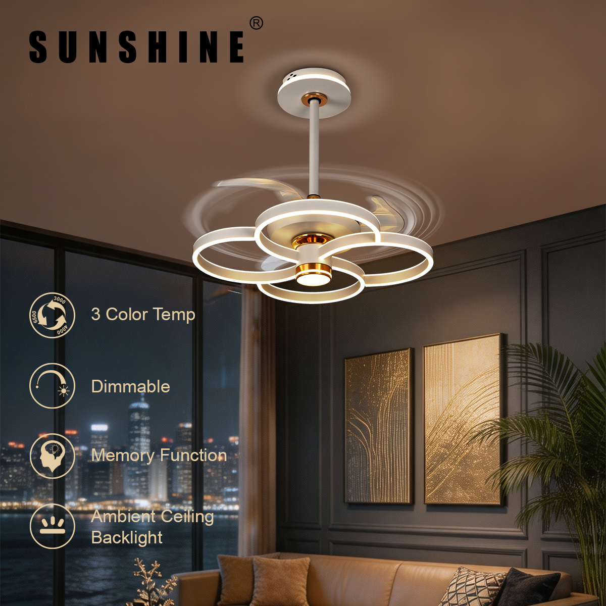 White Quad-Ring LED Ceiling Fan Light, 120W with Tunable White (3000K-6500K) & High Lumen Output (CFEW)