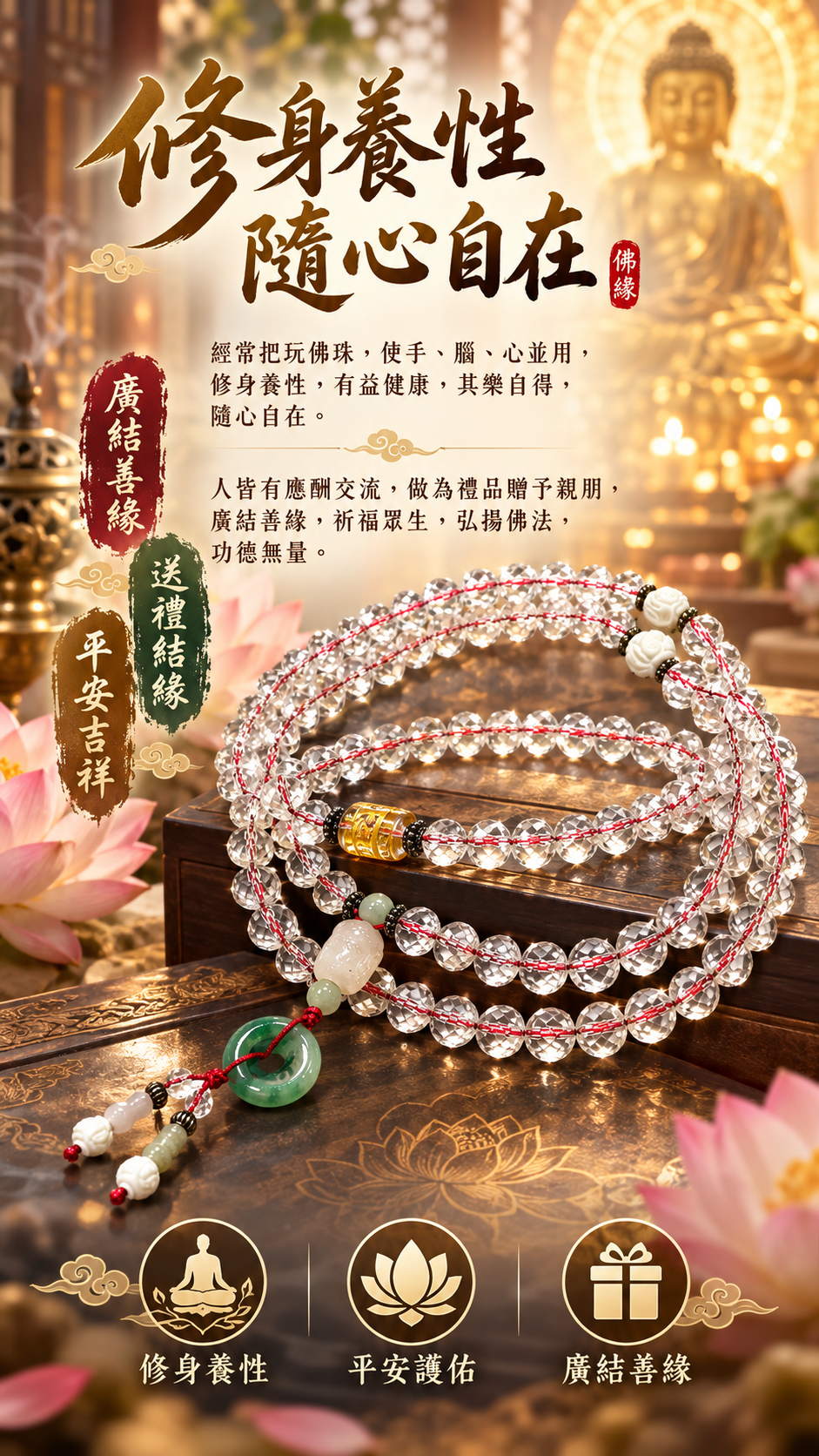 平安玉扣&天然水晶晶鑽108念珠10mm【十方】124576