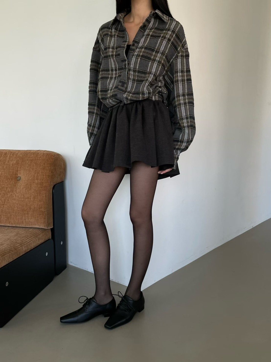 厚格縮襬襯衫
