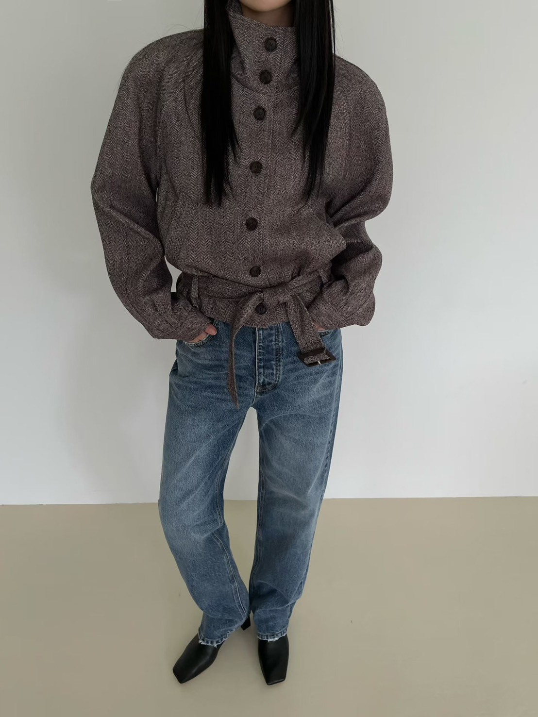 開釦立領腰帶雜紋短夾克