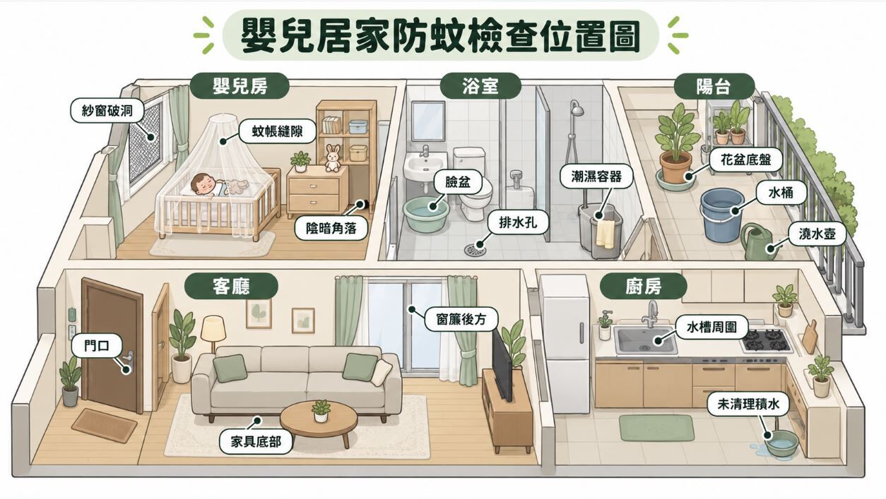 嬰兒居家防蚊檢查位置圖：全室5大區域蚊蟲隱藏點