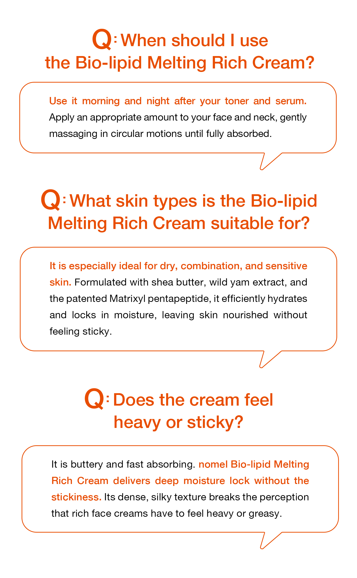 nomel Bio-lipid Melting Rich Cream FAQ illustrated guide on when to use, suitable skin types and texture