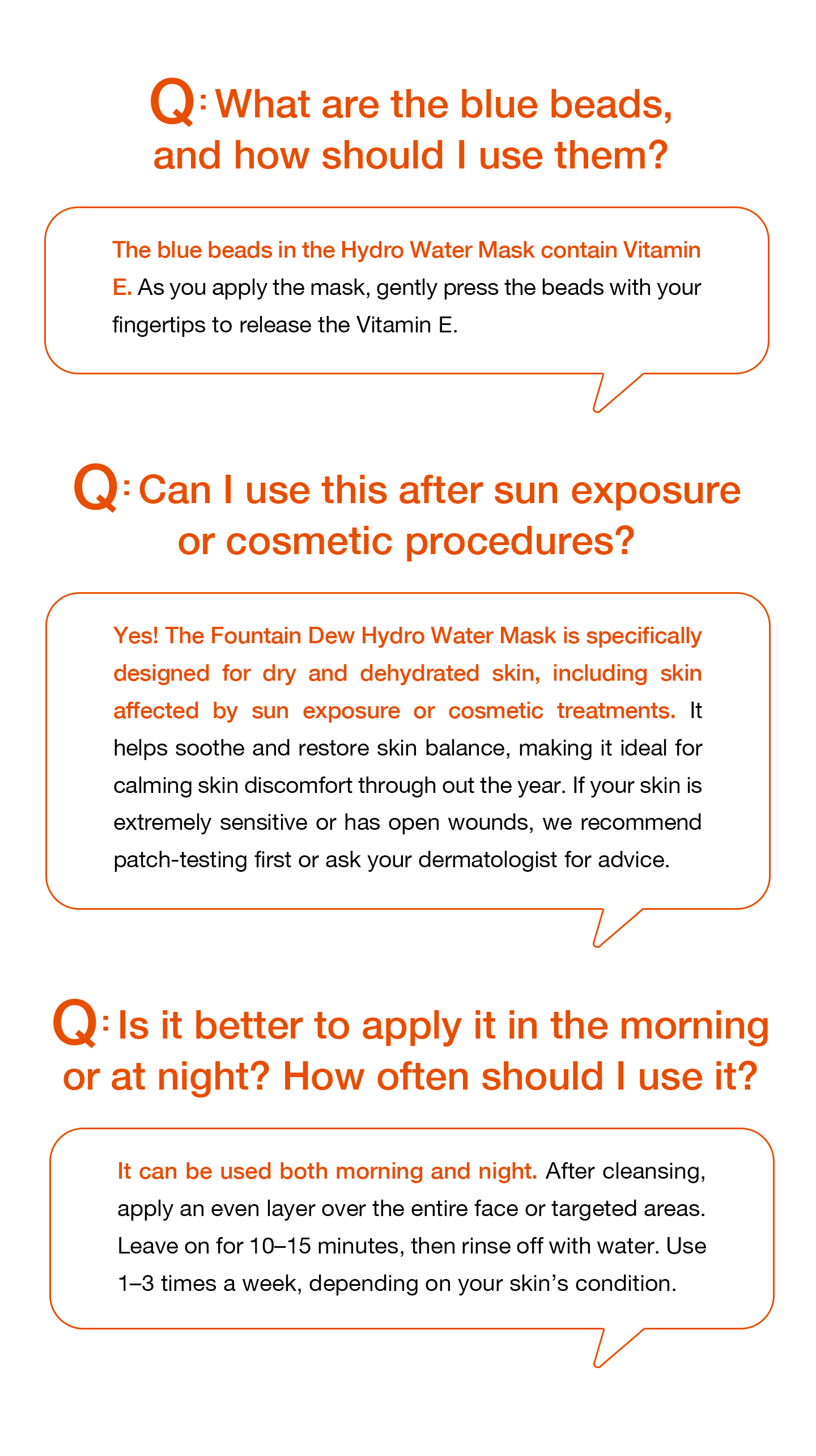 nomel Fountain Dew Hydro Water Mask FAQ illustrated guide on blue particles, post-sun and post-treatment use, and how often to apply
