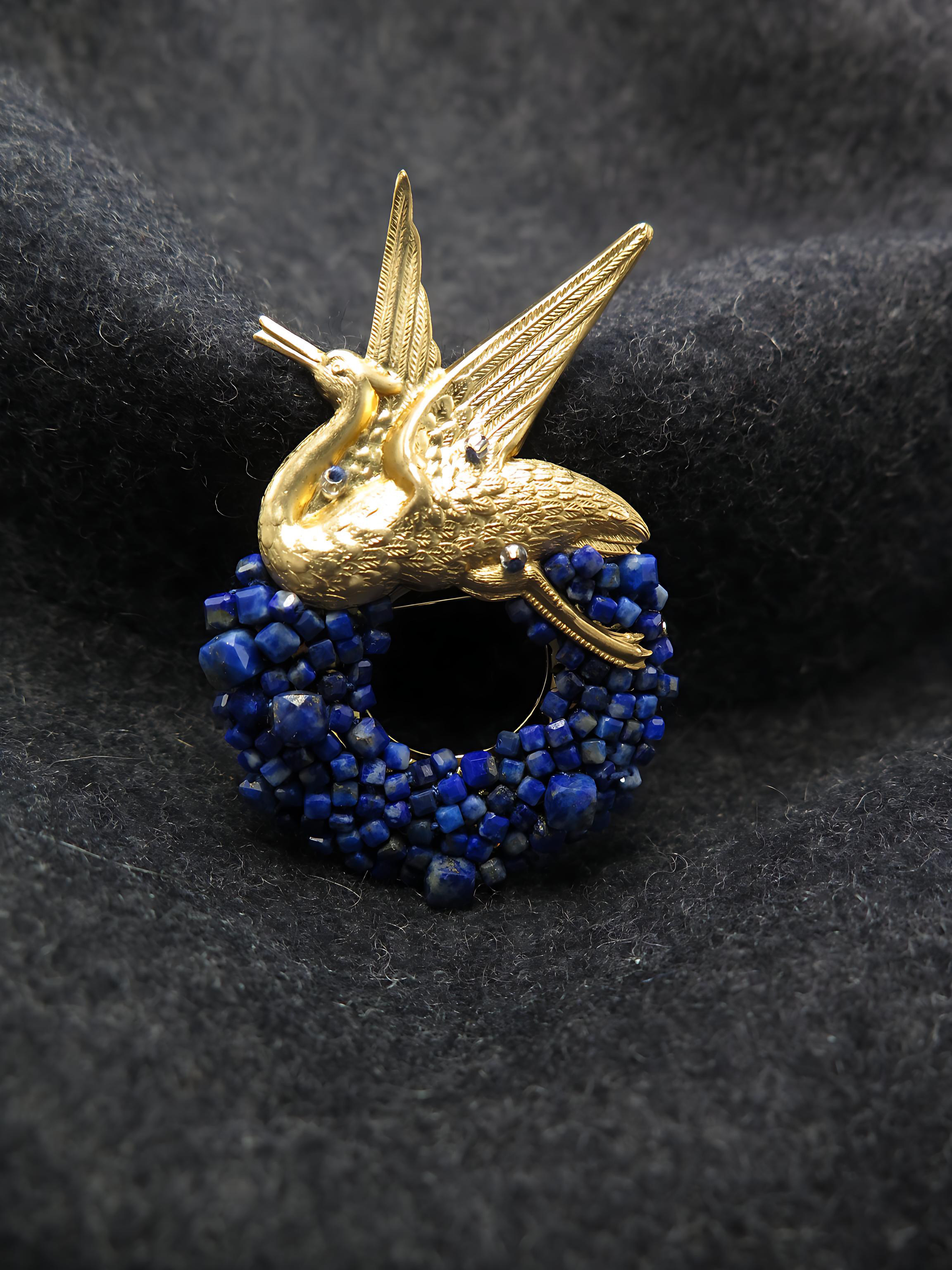 COLE COOL Hand-Beading Series -  Natural lapis lazuli crane Brooch