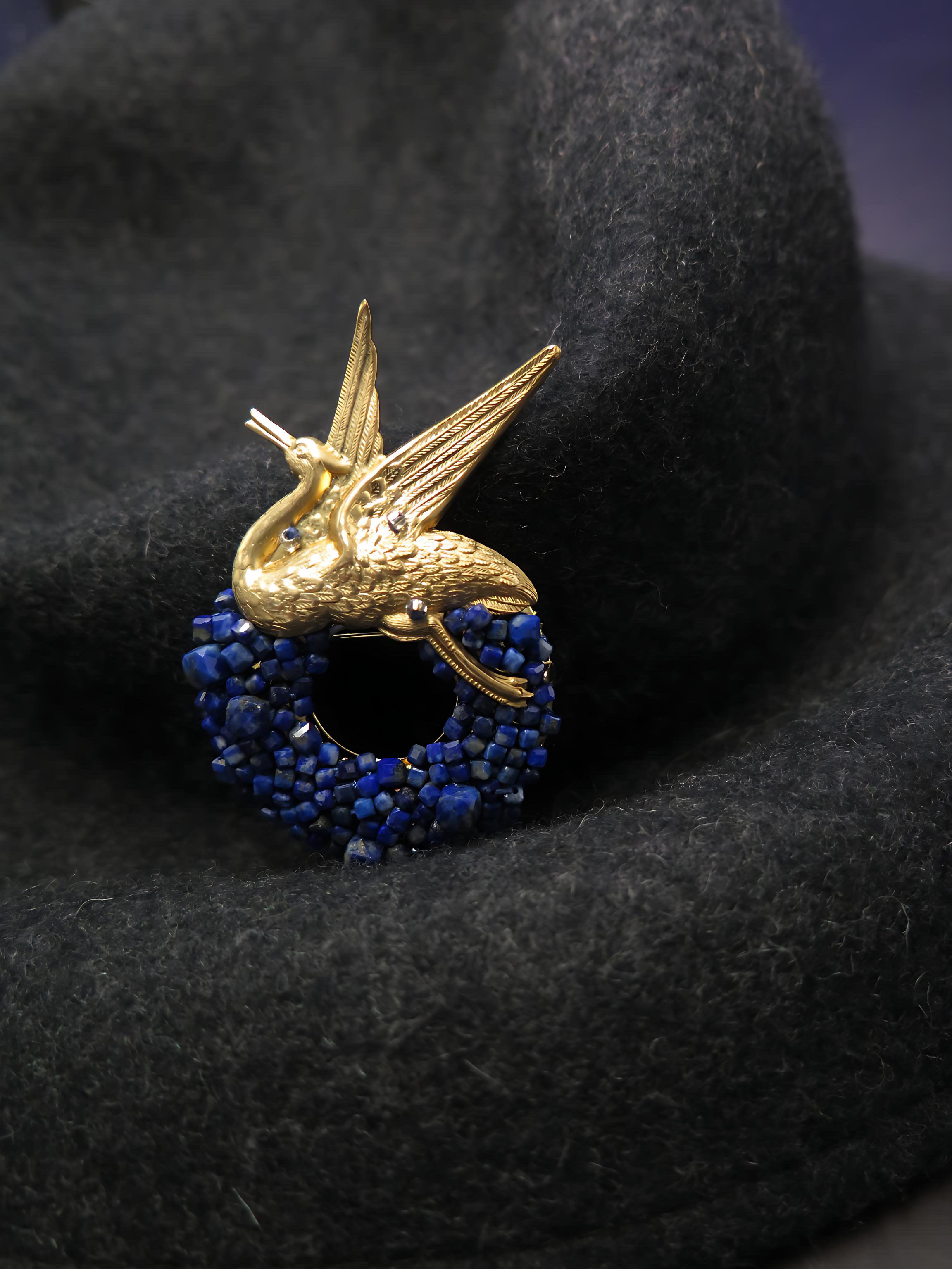 COLE COOL Hand-Beading Series -  Natural lapis lazuli crane Brooch
