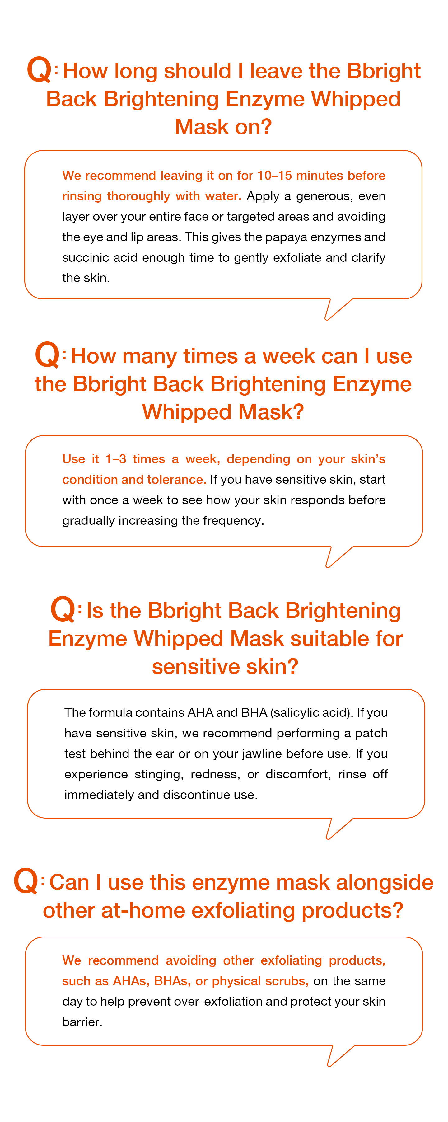 nomel Bbright Back Brightening Enzyme Whipped Mask FAQ illustrated guide on wear time, frequency of use and tips for sensitive skin