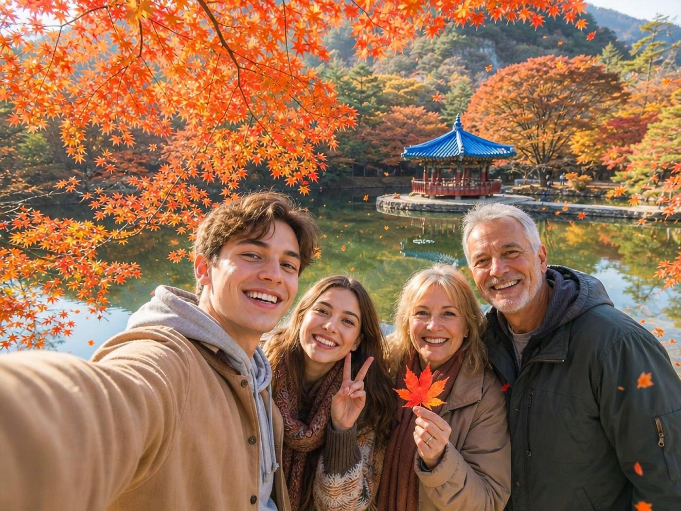 一家四口紅葉下自拍合照