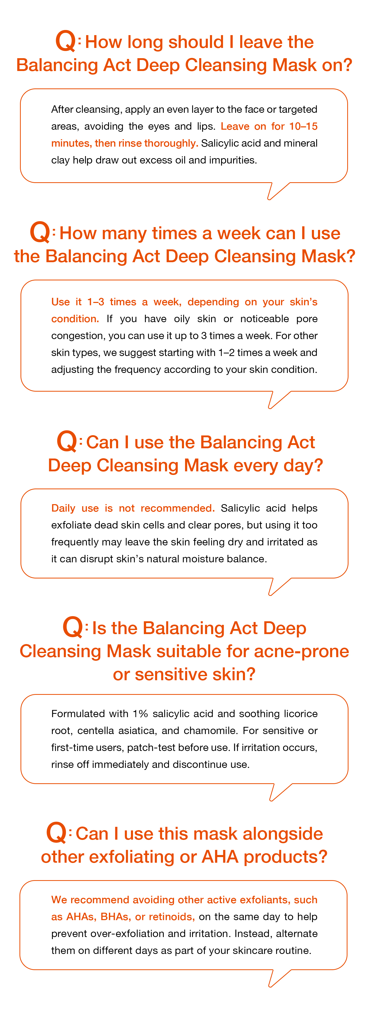 nomel Balancing Act Deep Cleansing Mask FAQ illustrated guide on wear time, frequency of use and tips for acne-prone and sensitive skin