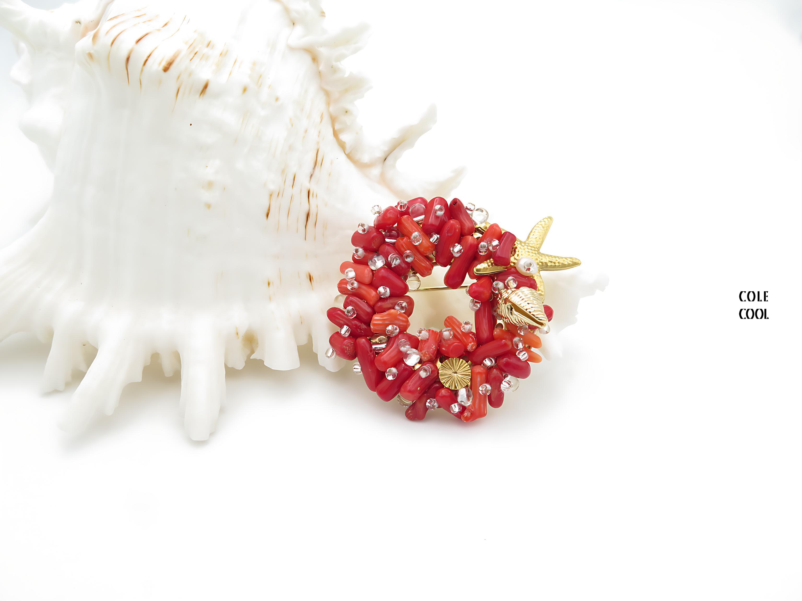 COLE COOL Hand-Beading Series -  Natural ItalyCoral Brooch