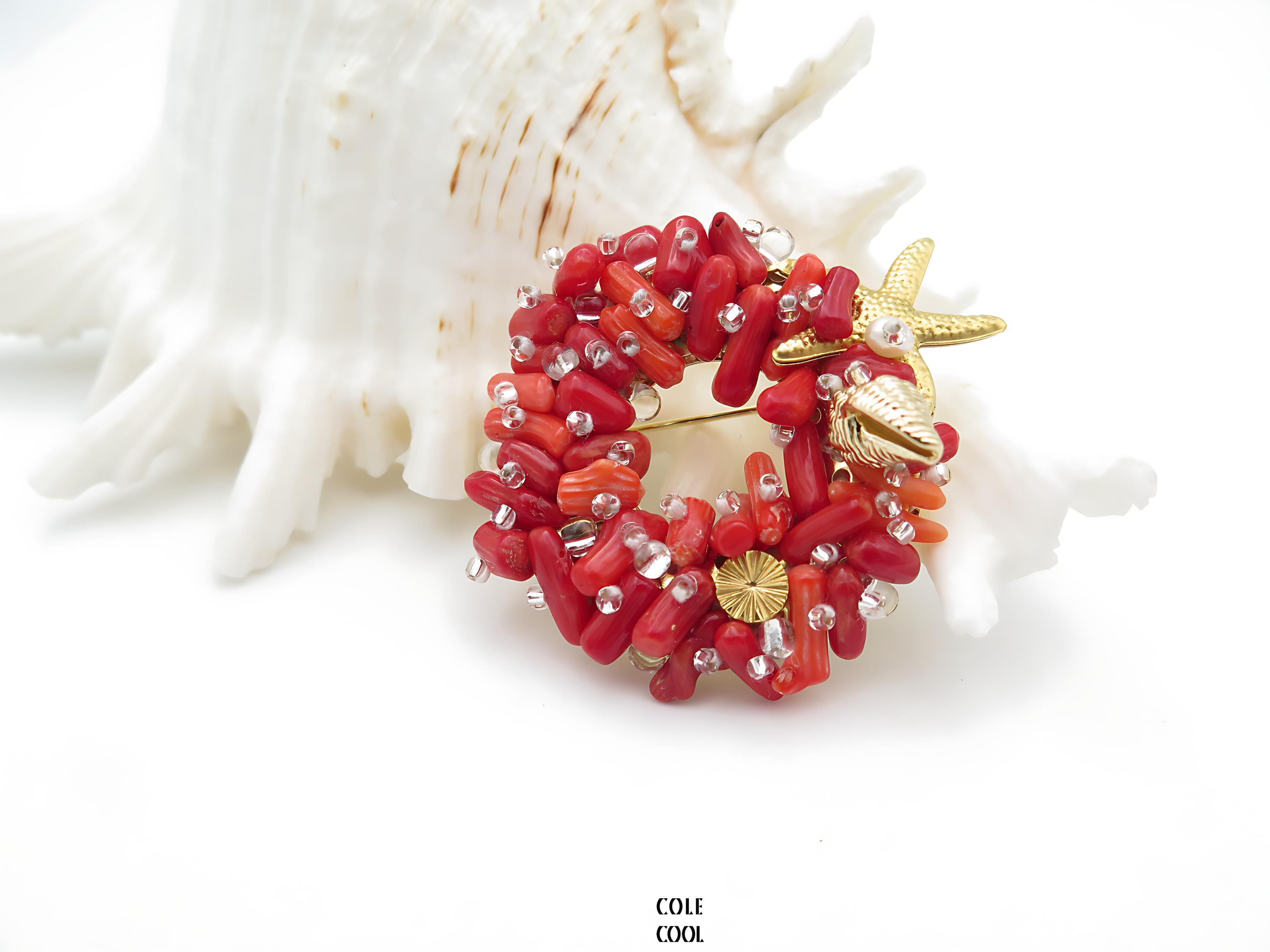 COLE COOL Hand-Beading Series -  Natural ItalyCoral Brooch