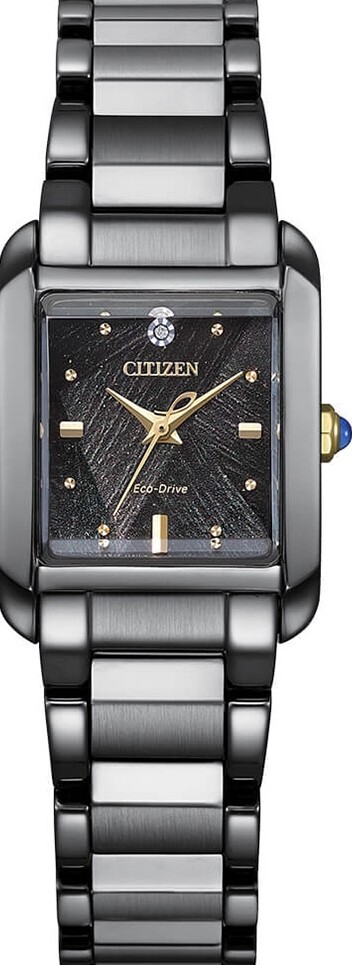 萬年鐘錶 - Citizen 星辰錶 LIGHT in BLACK 闇影之光 50週年限量典雅方形鑽石光動能女錶 EW5636-55E 錶徑21.5MM