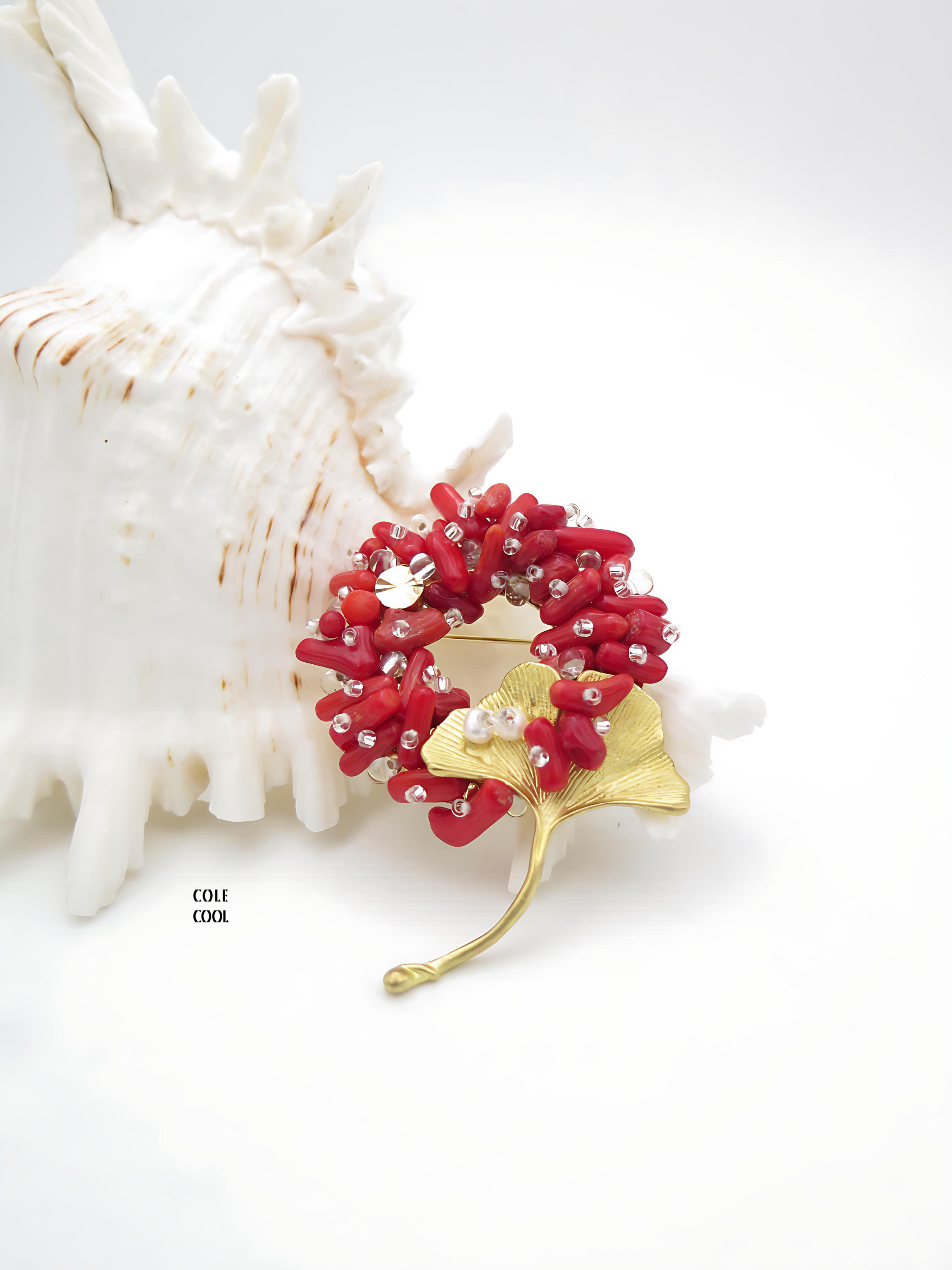 COLE COOL Hand-Beading Series -  Natural Italy Coral Ginkgo Brooch