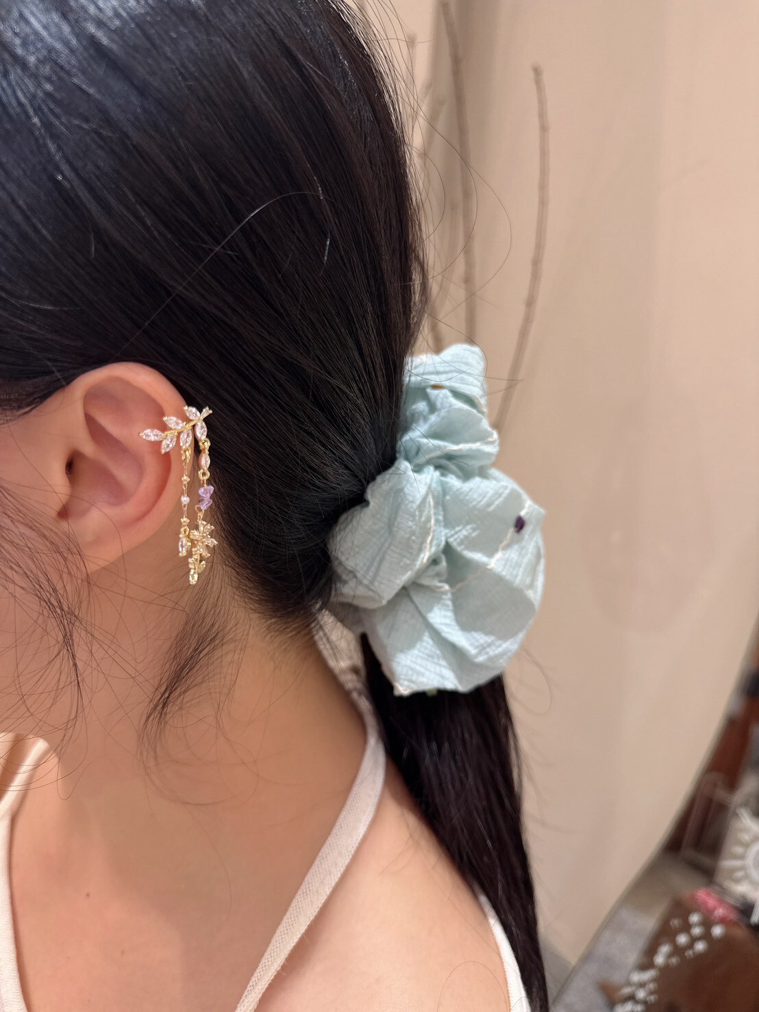 1007隱藏款。14KGP鋯石花葉耳骨夾 (單支)