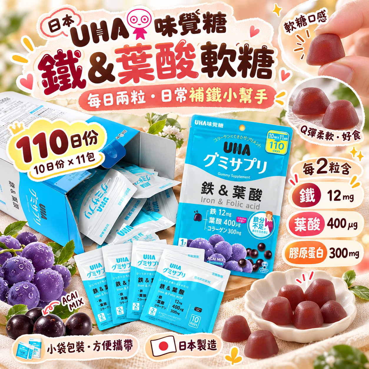 【預購】WM100602 日本製 UHA 鐵&葉酸味覺糖 (1盒220粒)