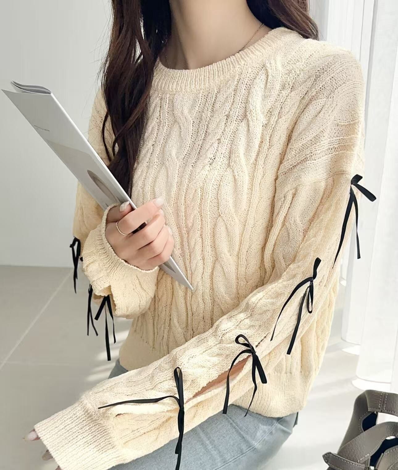 【預購】JM100801 mily bilet 袖口蝴蝶結麻花針織上衣