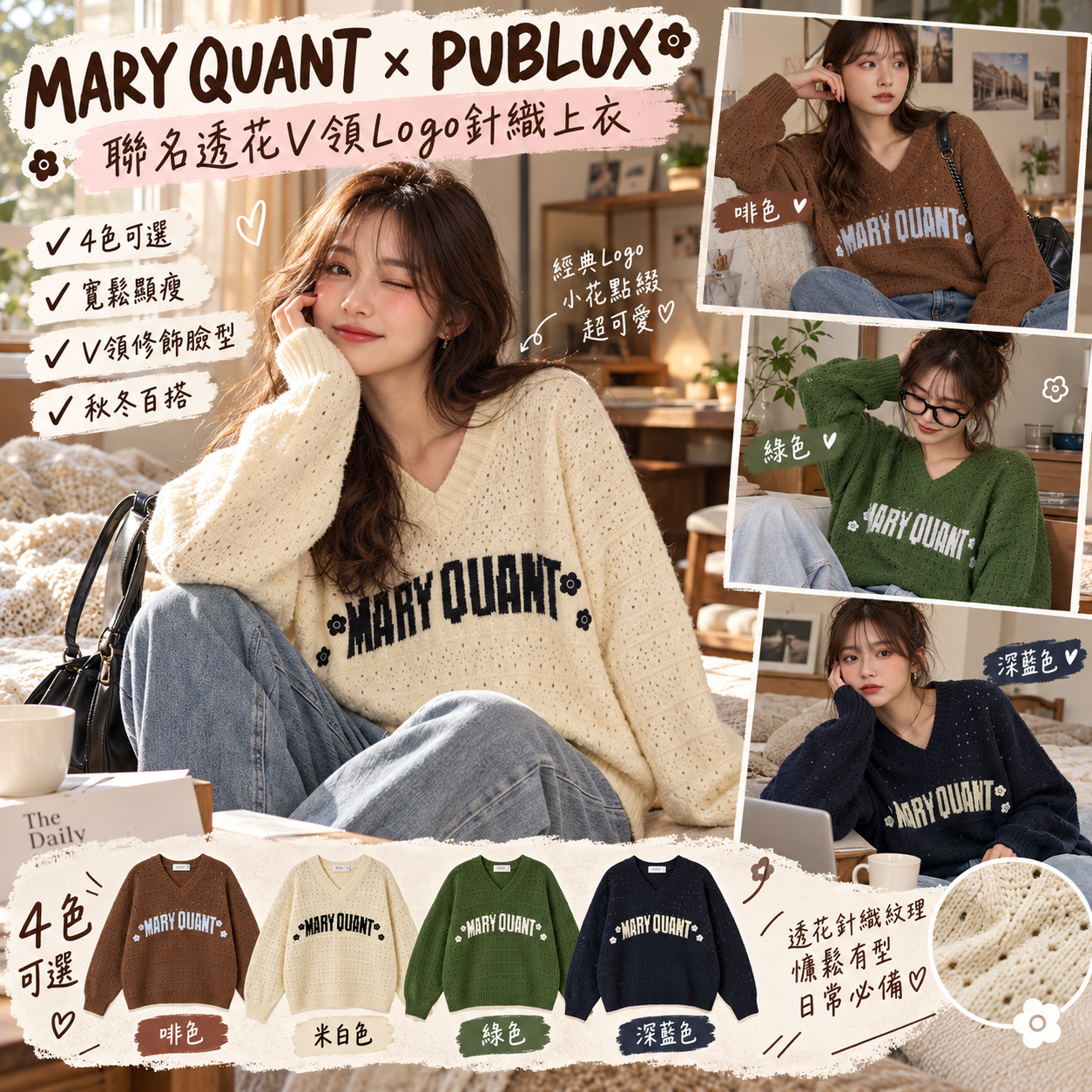 【預購】JM100805 MARY QUANT × PUBLUX 聯名透花V領Logo針織上衣