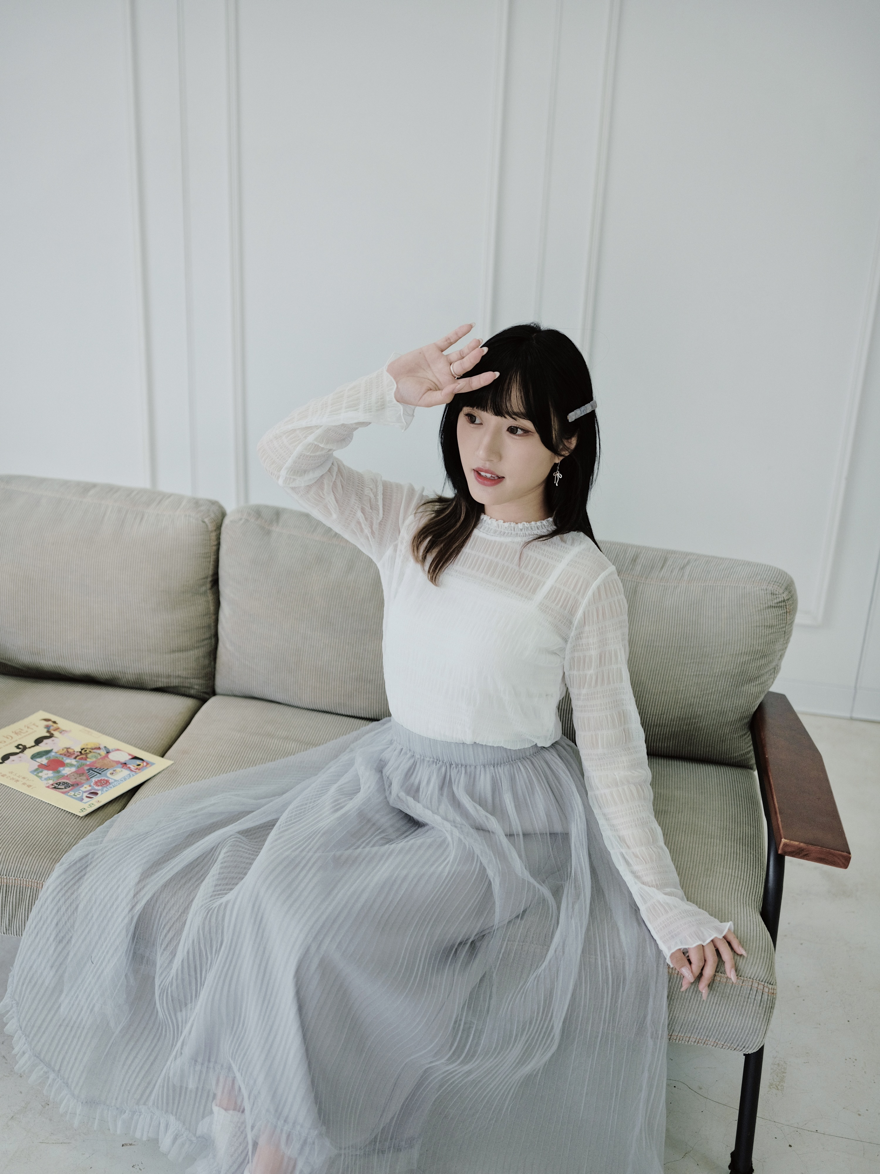 【新色加入🩶】三色 / 透膚磨砂感壓皺長袖上衣 / Sheer Crinkled Mesh Long Sleeve Top