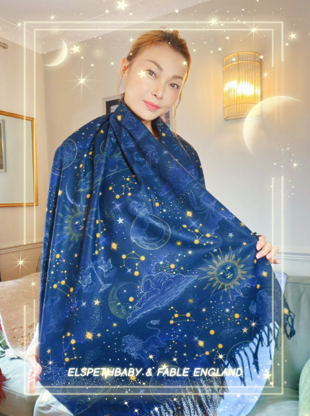 英國代購FABLE ENGLAND Zodiac Long Fringed Scarf in Navy
