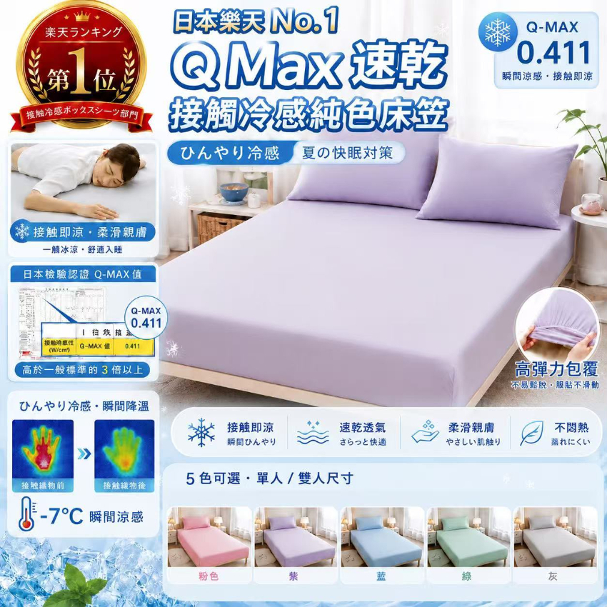 日本樂天No.1 Q Max 速乾接觸冷感純色床笠