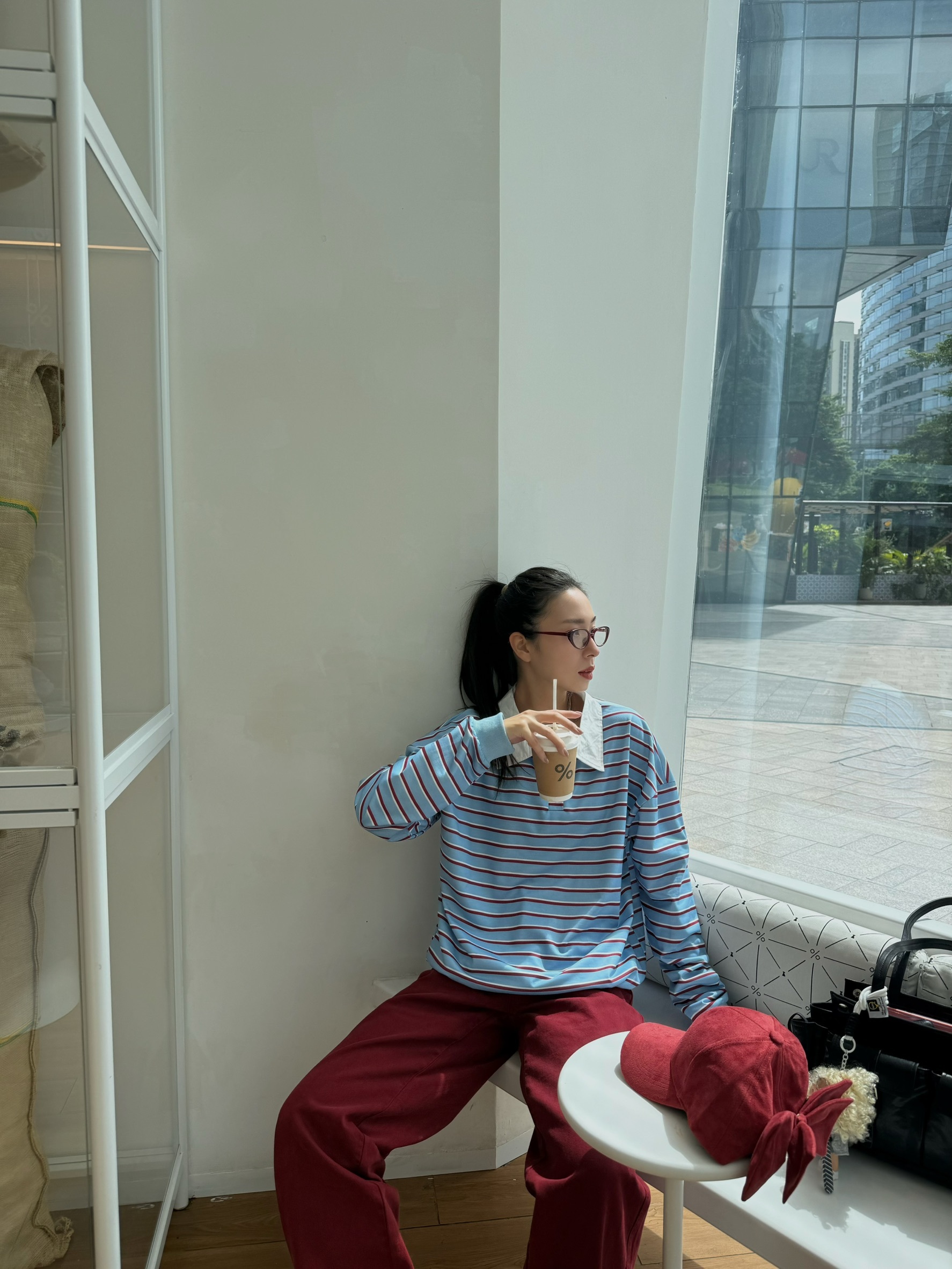 美式校園紅藍條翻領薄長袖