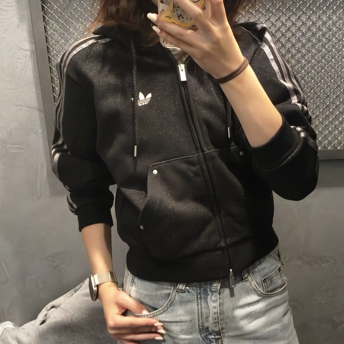 ADIDAS ORIGINALS WILD 黑色 閃亮 連帽外套 短版 細閃 秋冬服飾 KX4911