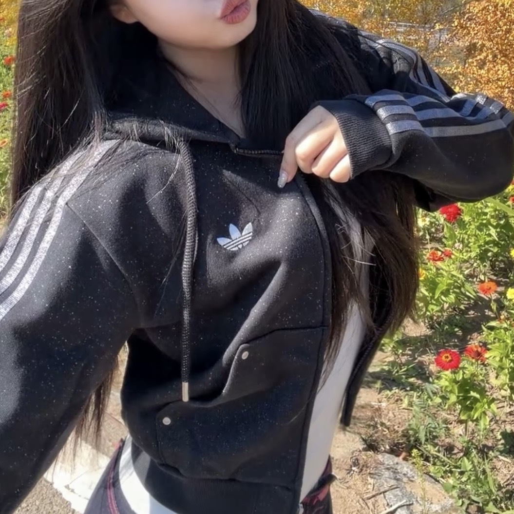 ADIDAS ORIGINALS WILD 黑色 閃亮 連帽外套 短版 細閃 秋冬服飾 KX4911