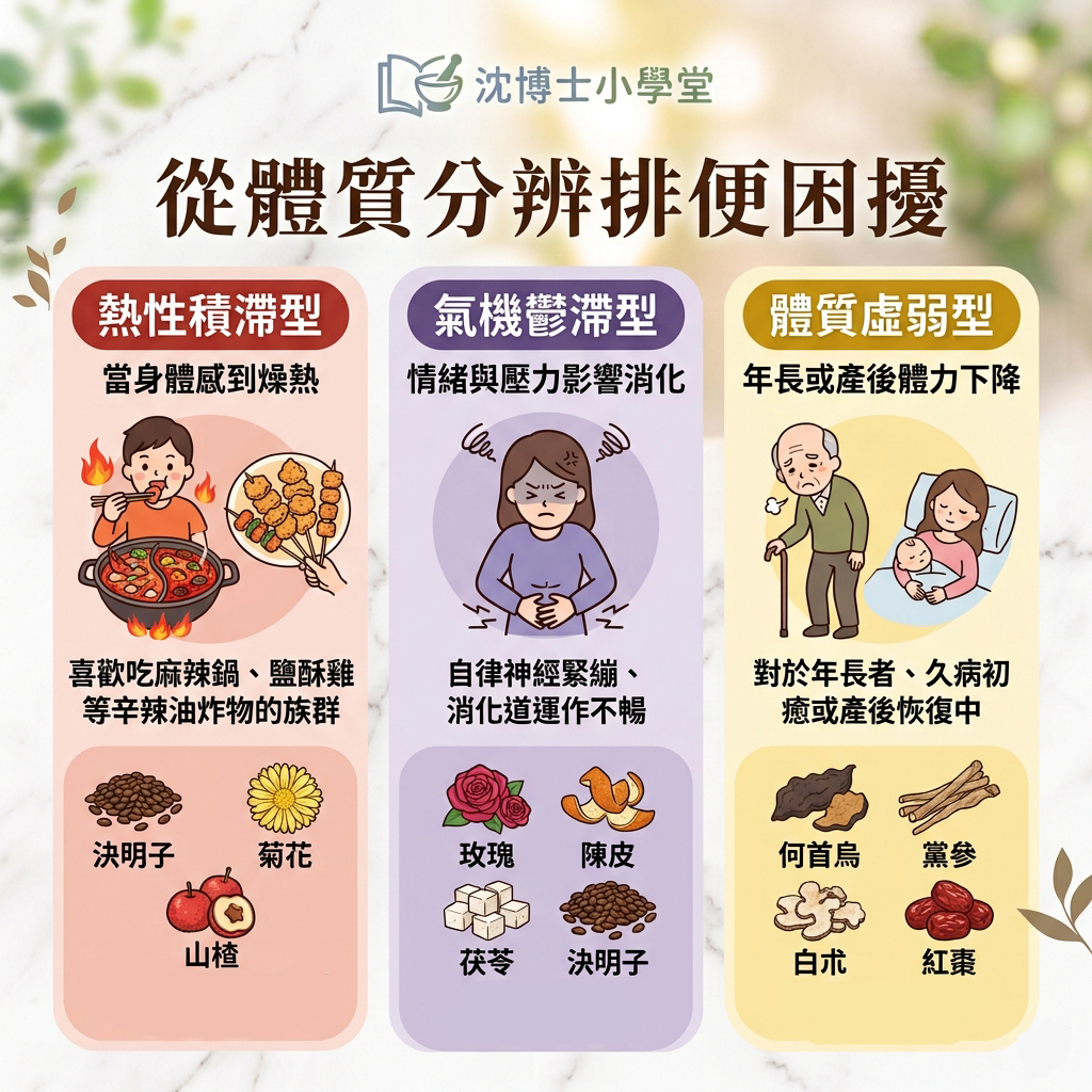 從傳統體質辨證看排便困擾圖文：解析熱性積滯型（外食、辛辣油炸，推薦決明子、菊花、山楂）、氣機鬱滯型（壓力、自律神經緊繃，推薦玫瑰、陳皮、茯苓）、體質虛弱型（年長、產後調理，推薦何首烏、黨參、白朮）的草本改善便秘方法。