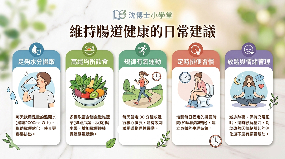 沈博士小學堂維持腸道健康的日常建議圖文：提供足夠水分攝取（日飲2000c.c.溫水）、高纖均衡飲食（多吃地瓜葉、秋葵等在地蔬菜與水果）、規律有氧運動（每日健走30分鐘）、定時排便習慣（培養每日固定時間）與放鬆與情緒管理（減少熬夜維持充足睡眠）之五大腸道保健生活模式指南