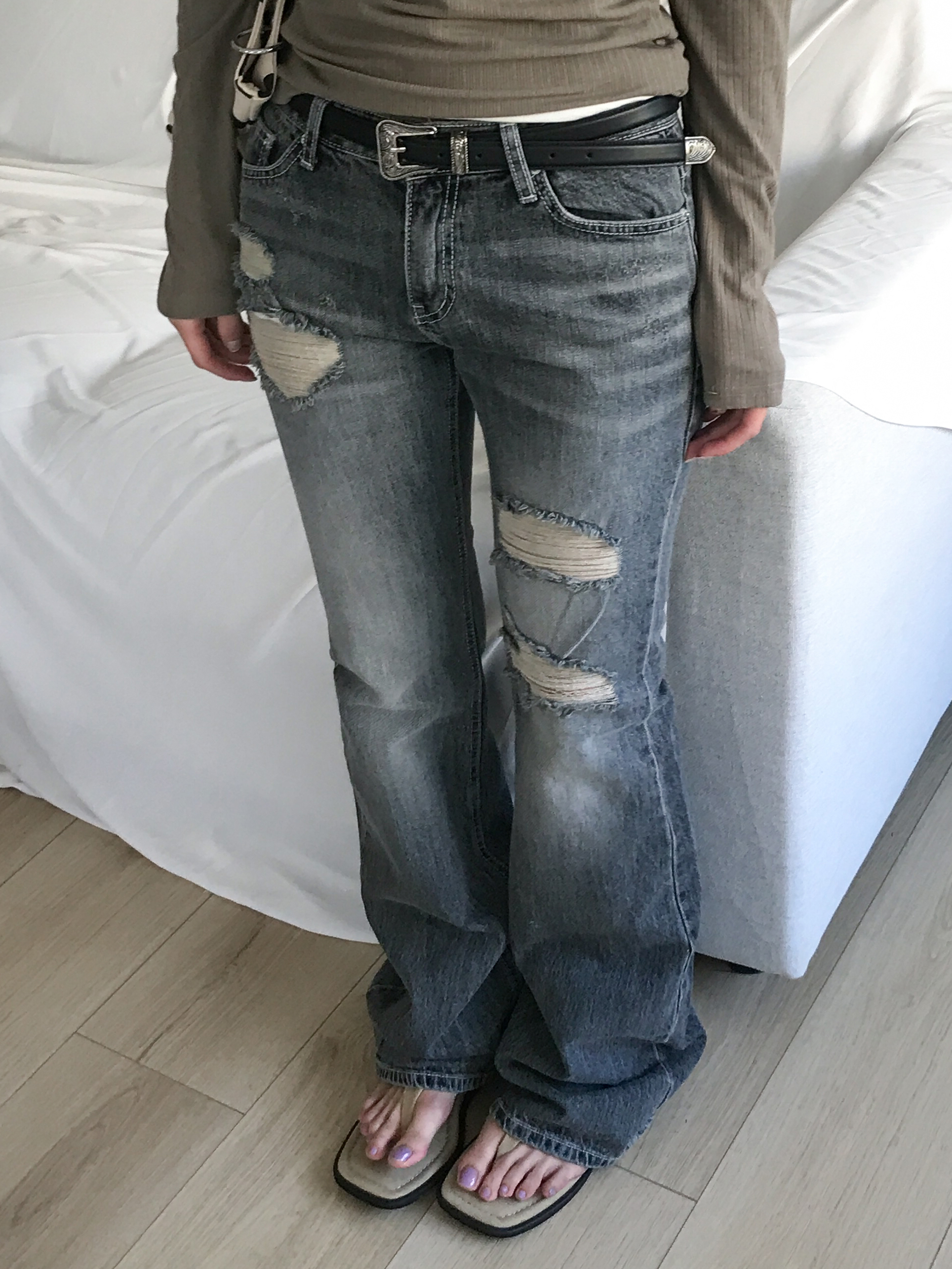 distressed washed low-rise non-stretch bootcut #靴型褲