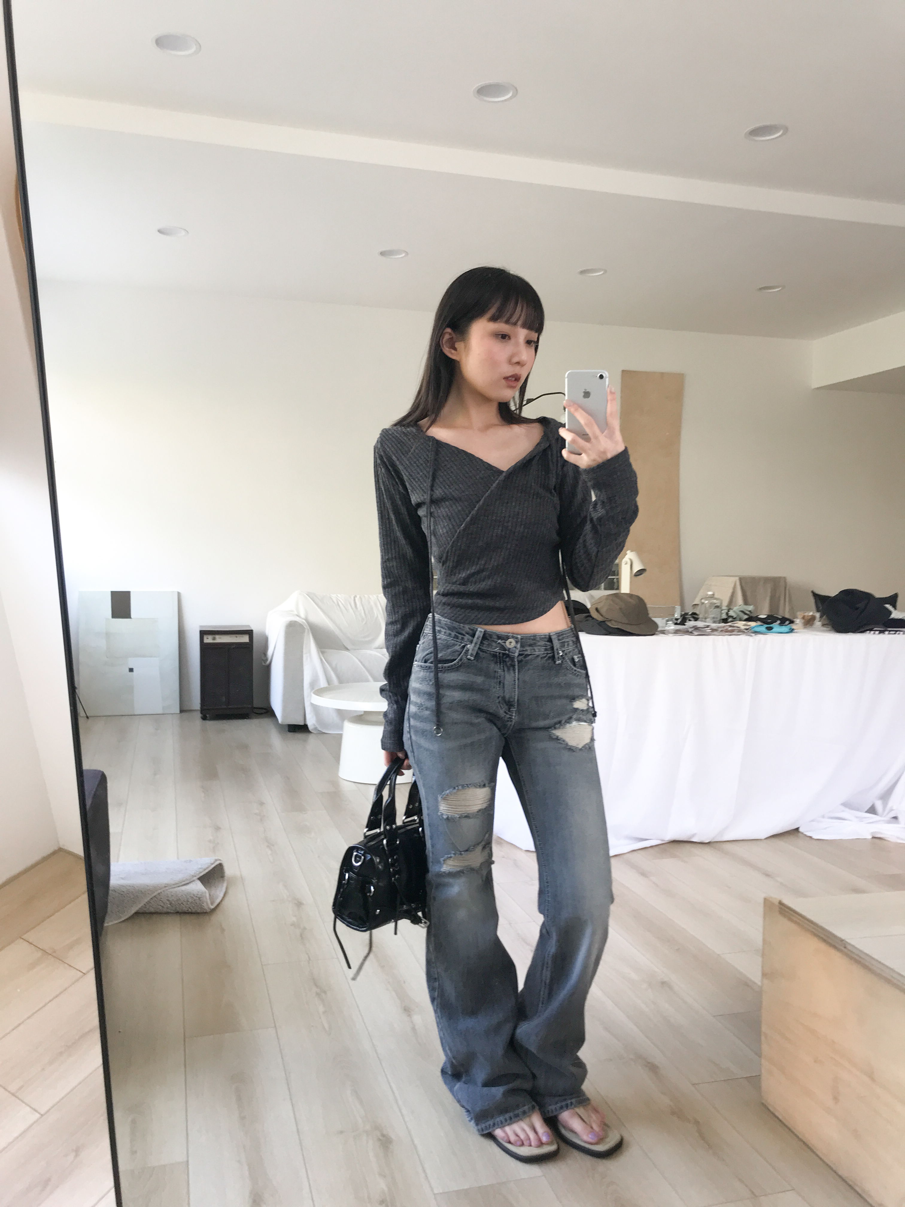 distressed washed low-rise non-stretch bootcut #靴型褲