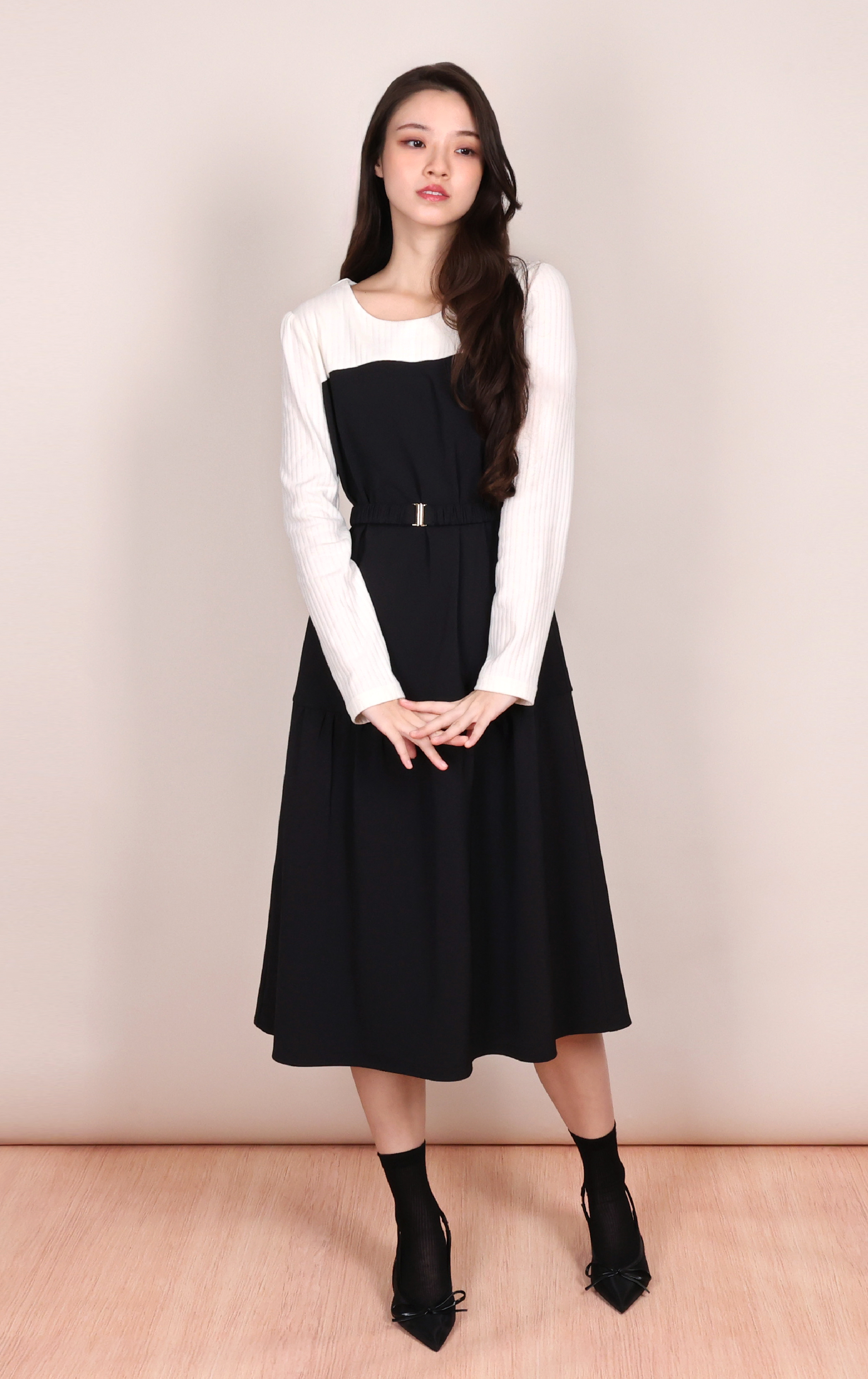 Color-Block Long Sleeve Cinch-Waist Dress OP0701