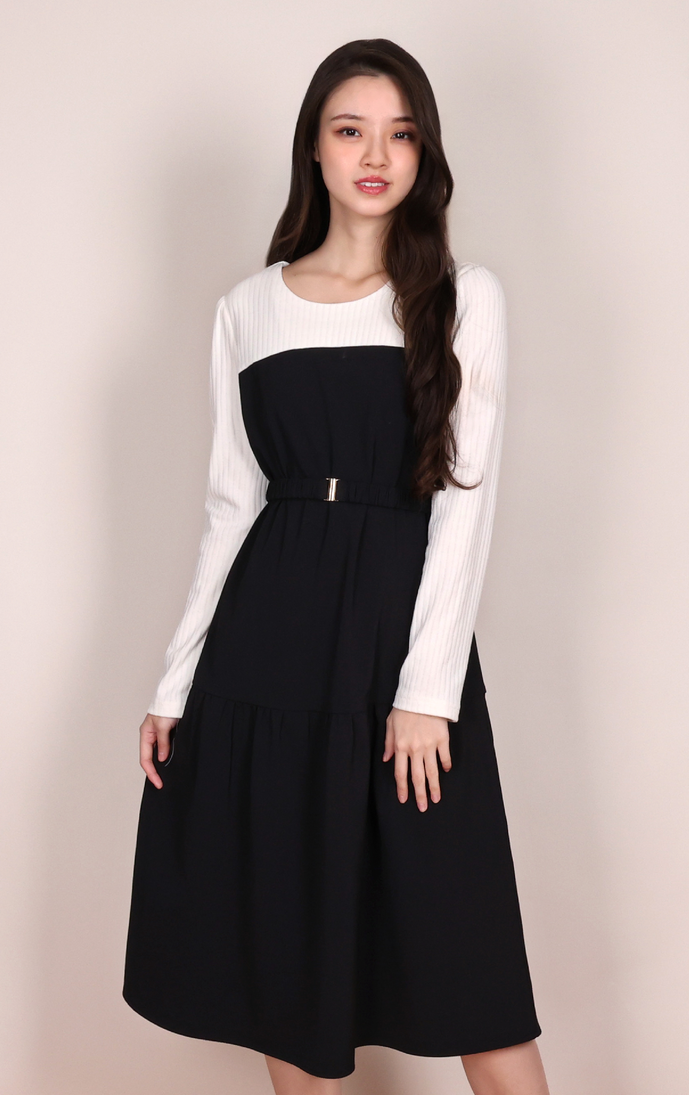 Color-Block Long Sleeve Cinch-Waist Dress OP0701