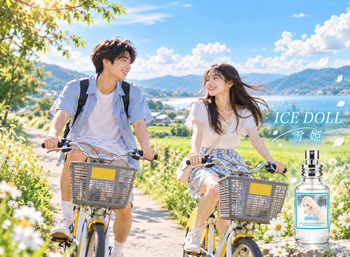 ICE DOLL 雪姬清新柑橘調香水情境圖，夏日陽光下年輕男女騎乘自行車漫遊田園，展現青春活力與清新甜美的香氣印象