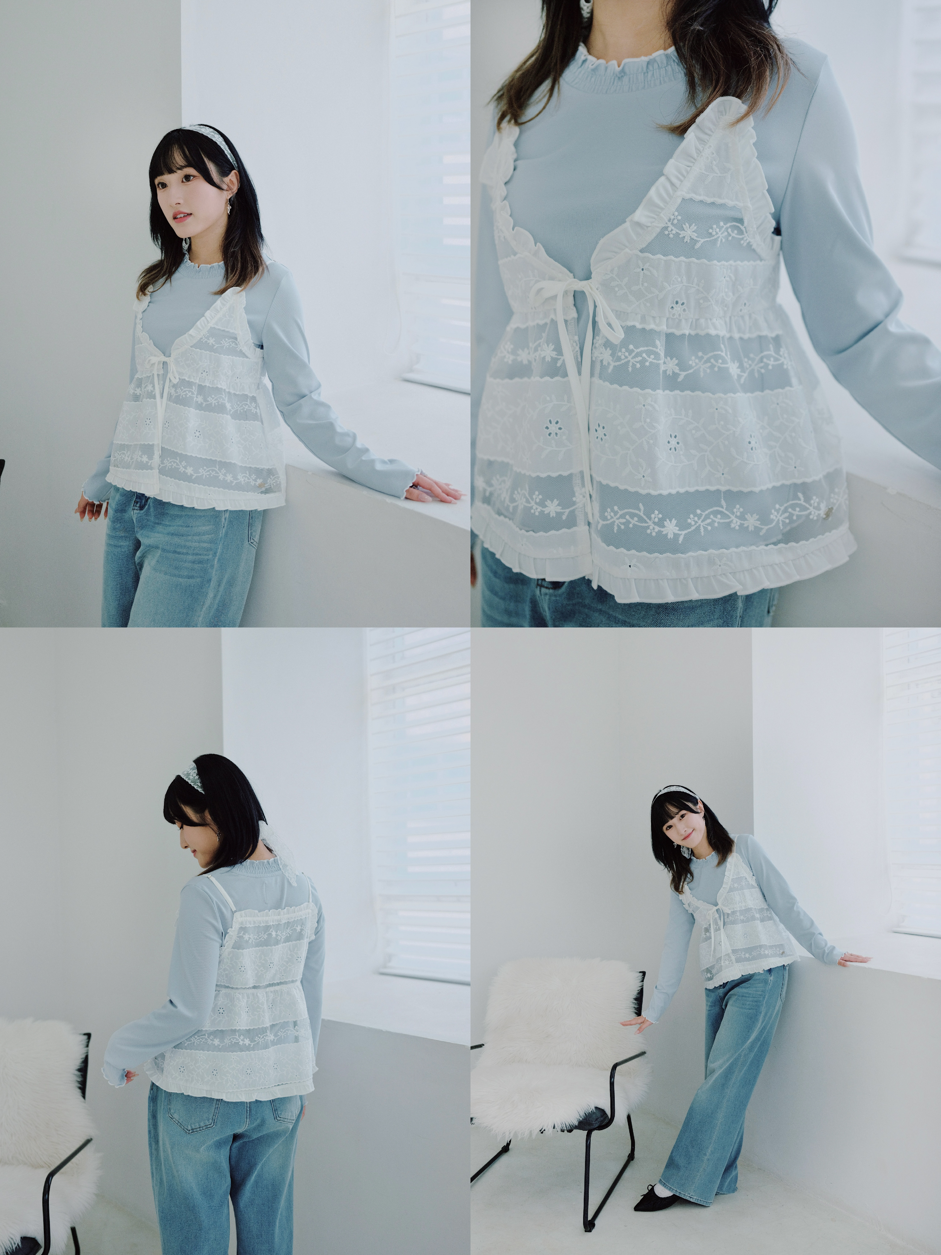 兩色 / 法式雕花間層V領馬甲 / Tiered Eyelet Lace V-Neck Cami Top